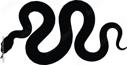 Black snake silhouette with curvy winding body and forked tongue, minimalistic reptile icon for nature, danger, and design themes