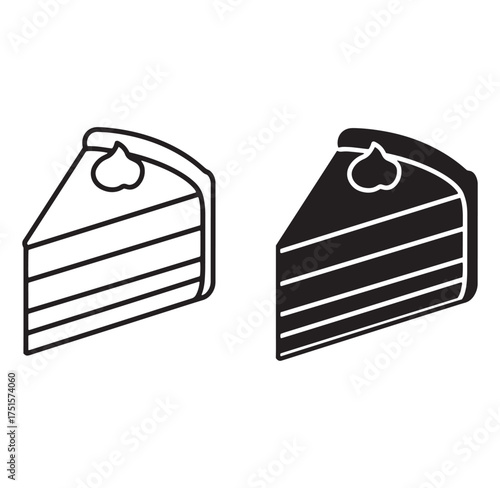 Two stylized cake slices with whipped cream in black and white minimalist vector illustrations
