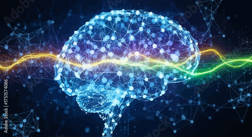 Futuristic glowing brain model depicting complex neural networks and electrical impulses within a digital representation.