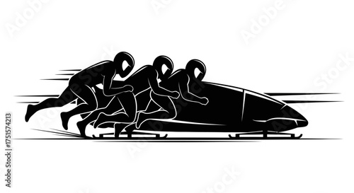 Energetic silhouette of a four-person bobsled team hurtling down a winding ice track at high speed