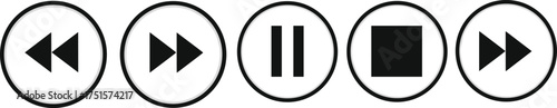 Media control button icon set, playback interface symbols, audio video navigation design, black and white vector illustration, pause play stop rewind skip