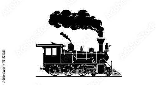 Industrial heritage silhouette of an early steam locomotive train with smoke plumes from its chimney stack