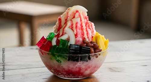 A bright close-up of a bowl of Es Campur (Indonesian mixed shaved ice) loaded with colorful red, green, and black jelly, red beans, and yellow jackfruit/mango slices, drizzled with red syrup