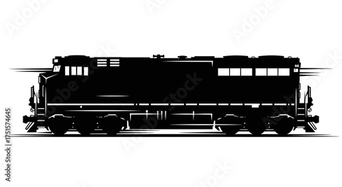 Linear and powerful silhouette of a heavy freight train with multiple cargo cars traveling along a track
