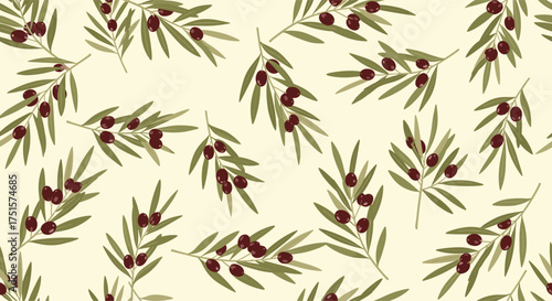 A repeating pattern of olive branches with dark purple olives on a light cream background.
