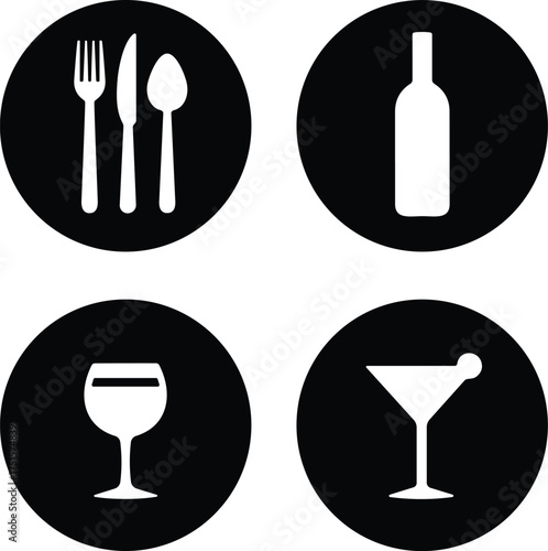 Set of black circular dining and drink icons including fork, knife, spoon, wine bottle, wine glass, and martini glass