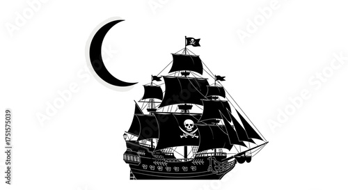 Swashbuckling and adventurous silhouette of an enchanted pirate ghost ship sailing under a full moon