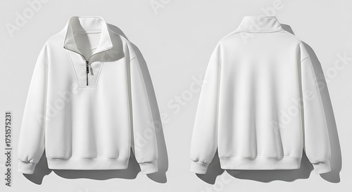 White quarter zip sweatshirt, front and back view, isolated on white background