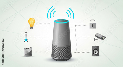 Smart home automation system concept with voice assistant controlling various devices, , offering convenience and efficiency