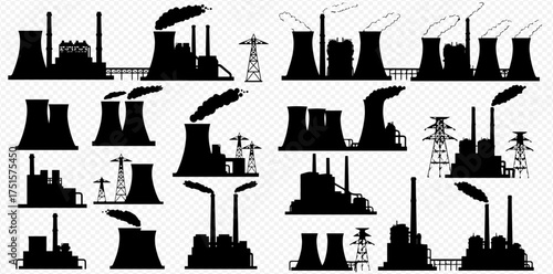 Silhouetted power plants and industrial structures against a transparent background.
