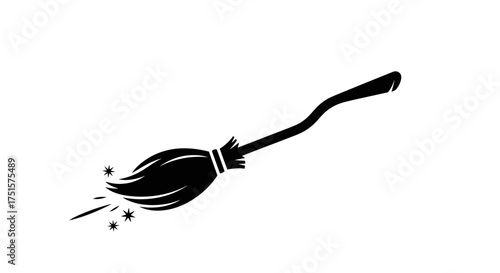 Whimsical narrative silhouette of a magical witch's broomstick flying with a trail of glowing sparks