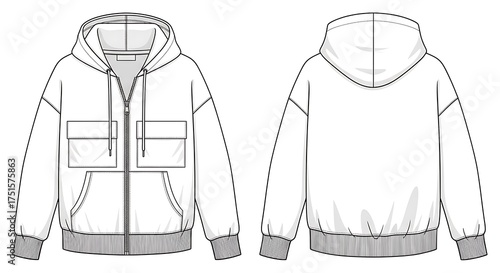 Front and back view of a white zipup hoodie with pockets, isolated on white background