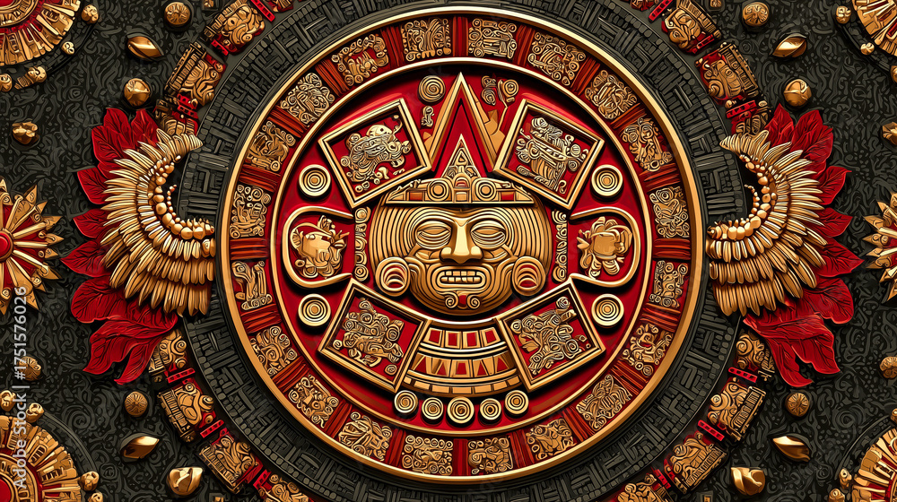 Obraz premium Aztec calendar gold relief red ornament tribal pattern ancient symbol carved texture decorative circle mythic face ornate detail cultural art. Aztec calendar gold relief with red ornament