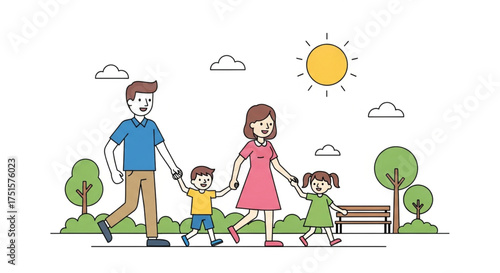 A happy family is walking in the park, holding hands and enjoying the sunny weather vector illustration in flat style