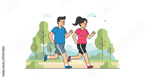 A couple is jogging in the park, exercising and enjoying the fresh air vector illustration in flat style