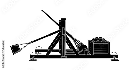 Dynamic black silhouette of a large medieval trebuchet siege weapon in the middle of a powerful launch