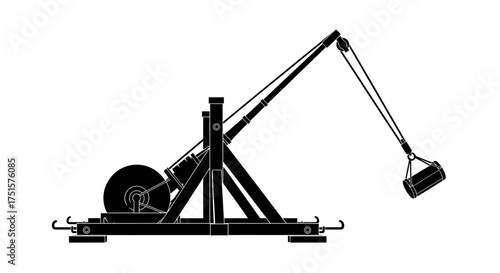 Powerful black vector silhouette of a medieval trebuchet siege engine weapon preparing to launch a projectile
