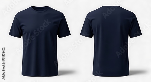 Navy blue tshirt from front and back views isolated on white background
