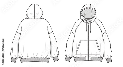 Fashion flat sketch of a hoodie with front and back views isolated on white background