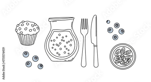 A set of breakfast items, including a muffin, juice, and fruit, in a black and white line art style for coloring book
