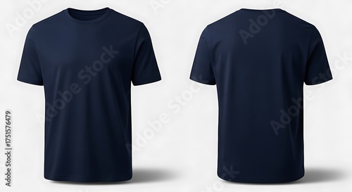Front and back view of a plain navy blue tshirt on a light gray background