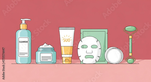 An assortment of skincare essentials, including cleanser, cream, sunscreen, and mask, are neatly arranged on a pink background, offering a complete beauty regimen