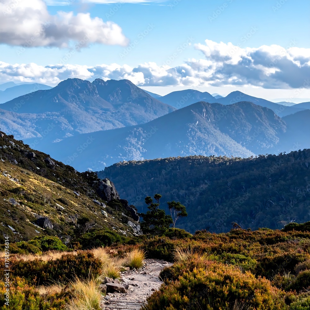 Fototapeta premium Layered mountain ranges with a hiking trail under a partly cloudy sky