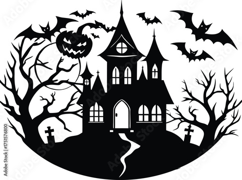 Halloween, vector illustration vector art of a spooky haunted house silhouette with bats flying around, perfect for halloween themed designs and decorations	