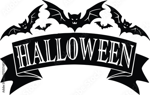 Halloween vector art of halloween themed illustration showcasing a grinning pumpkin, a spider, and a larger spider, all above a banner with the word halloween in a dripping font	