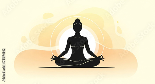 Silhouette of woman in lotus position, meditating with hands in mudra, symbolizing peace and mindfulness, vector illustration