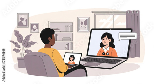 Man is having a video call with his doctor, discussing health concerns and receiving medical advice, vector illustration