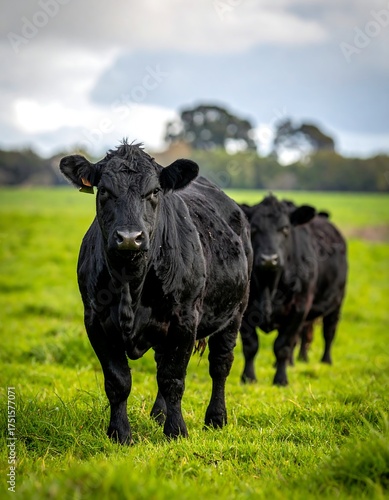 Wallpaper Mural Three black cows stand in lush green pasture, facing the viewer Torontodigital.ca