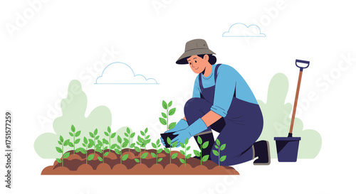 A gardener carefully plants young seedlings into a prepared garden bed.
