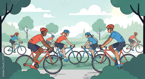 A group of cyclists are riding their bikes on a paved path through a park with trees and green grass on a sunny day, enjoying the outdoors