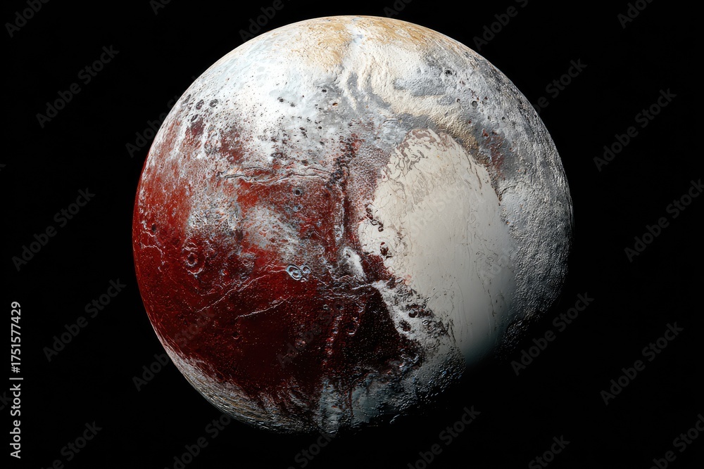 Fototapeta premium Distant dwarf planet, showcasing diverse terrains of frozen nitrogen and icy plains against a black void