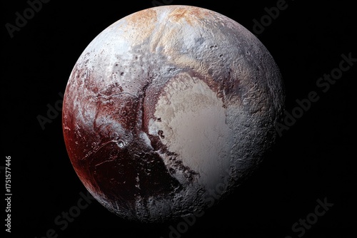 Distant dwarf planet with a mottled surface of varied terrains and atmospheric effects