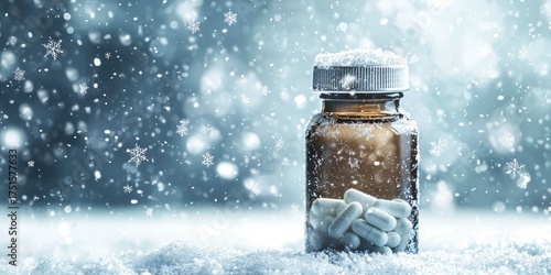 A brown pill bottle with white pills inside, standing on a snowy surface with snowflakes falling around it.