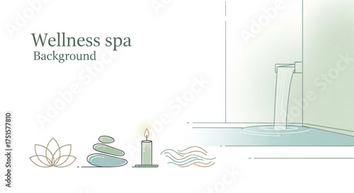 A wellness spa background with a waterfall, lotus flower, stone, candle, and wave for relaxation and meditation