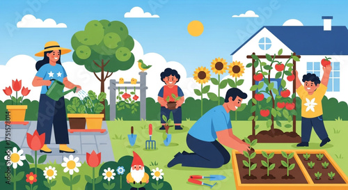A vibrant family garden scene with parents and children tending to plants, flowers, and vegetables under a sunny sky, showcasing a joyful outdoor activity