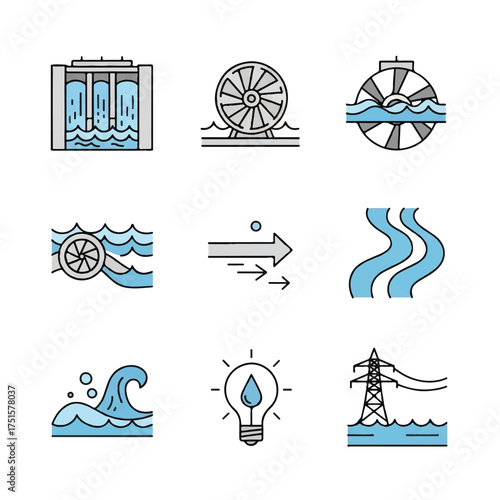 Hydroelectric power icons representing renewable energy sources and sustainable electricity generation on white, clean and modern design.
