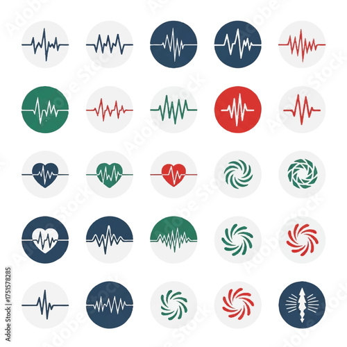 Collection of medical symbols representing heartbeats and abstract shapes displayed on white backdrop for healthcare and technology concepts.