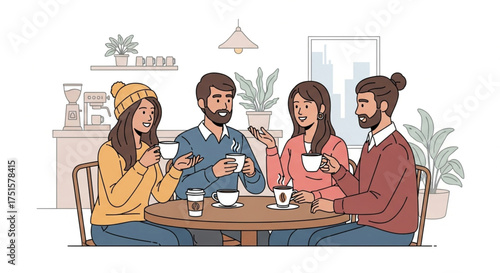 Group of friends enjoying coffee together at a cafe, engaging in conversation and sharing moments of camaraderie