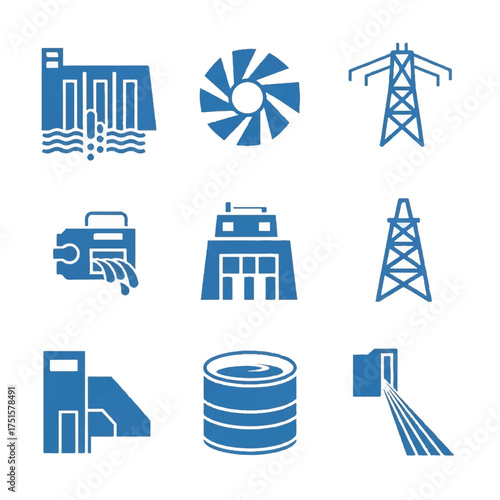 Blue energy infrastructure symbols representing power generation and distribution on white, showcasing industrial processes and technological advancement.
