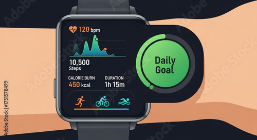 Closeup of a smartwatch on a wrist displaying fitness data, including steps, calories burned, heart rate, and daily goal progress, on a dark background