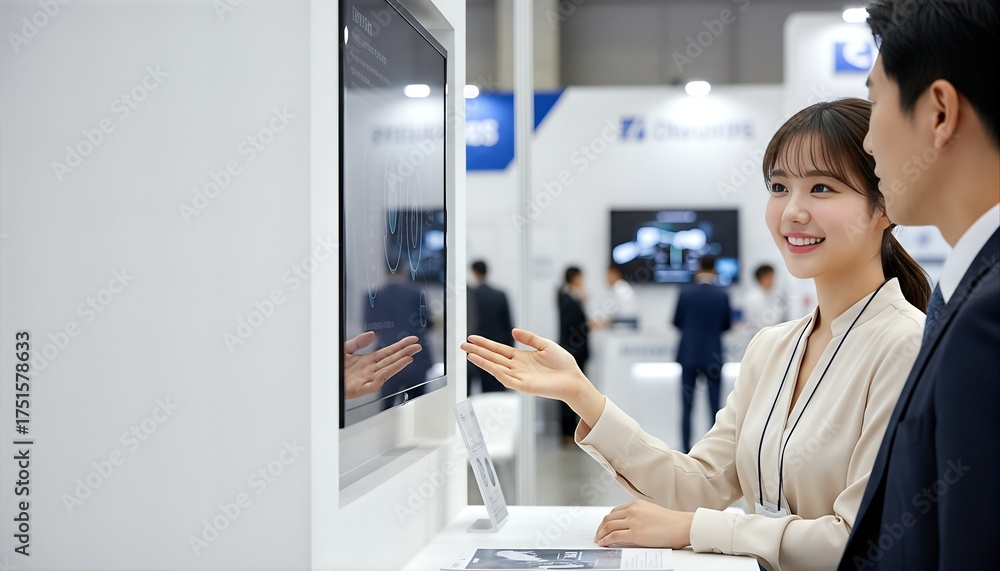 © Yka - 男性客にモニターを指して説明する女性社員