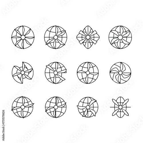 Various turbine symbols representing power and energy solutions in a clean and minimalist style, conveying innovation and efficiency.