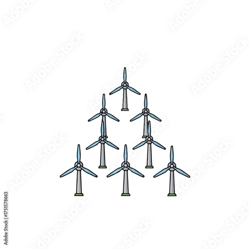 Wind turbines arranged in a triangular formation against a white backdrop, symbolizing clean energy and environmental sustainability.