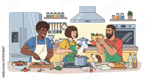 Friends cooking together in the kitchen, preparing a healthy meal with joy and camaraderie shared activity and happy friendship concept