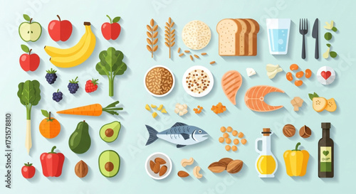 Overhead shot of a variety of healthy foods, including fruits, vegetables, grains, fish, and oils, promoting a balanced diet and wellness