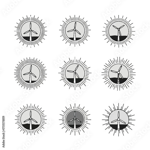 Wind turbines generate clean energy within sunburst circles, symbolizing renewable power and environmental sustainability in a minimalist style.